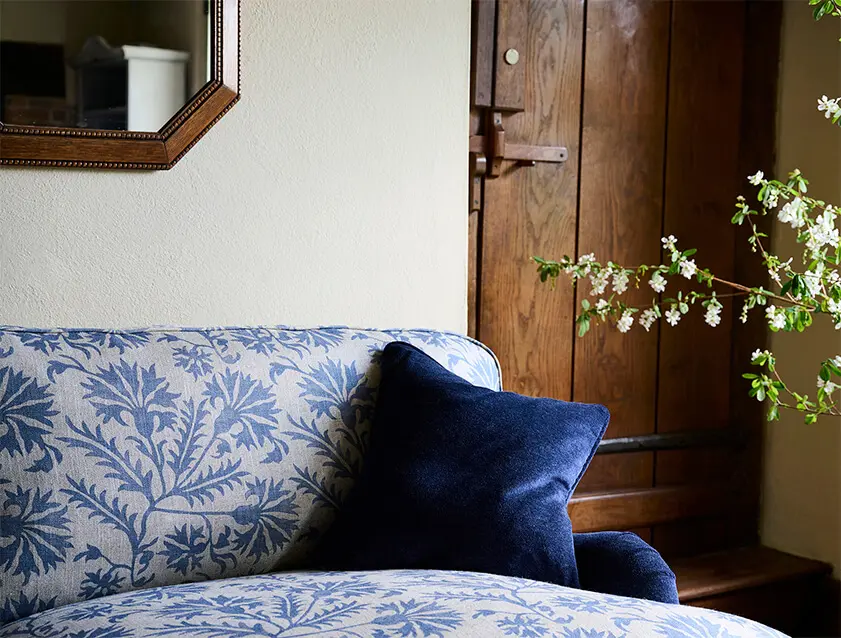 Coates 4 seater sofa in Mohair Indigo with seat and back cushions in RHS_Gertrude Jekyll Meadow Flower Blue